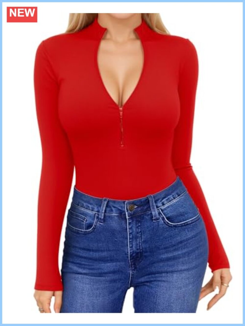 Ribbed V-Neck Zip Up Long Sleeve Top Fitted Sexy Going Out Shirt